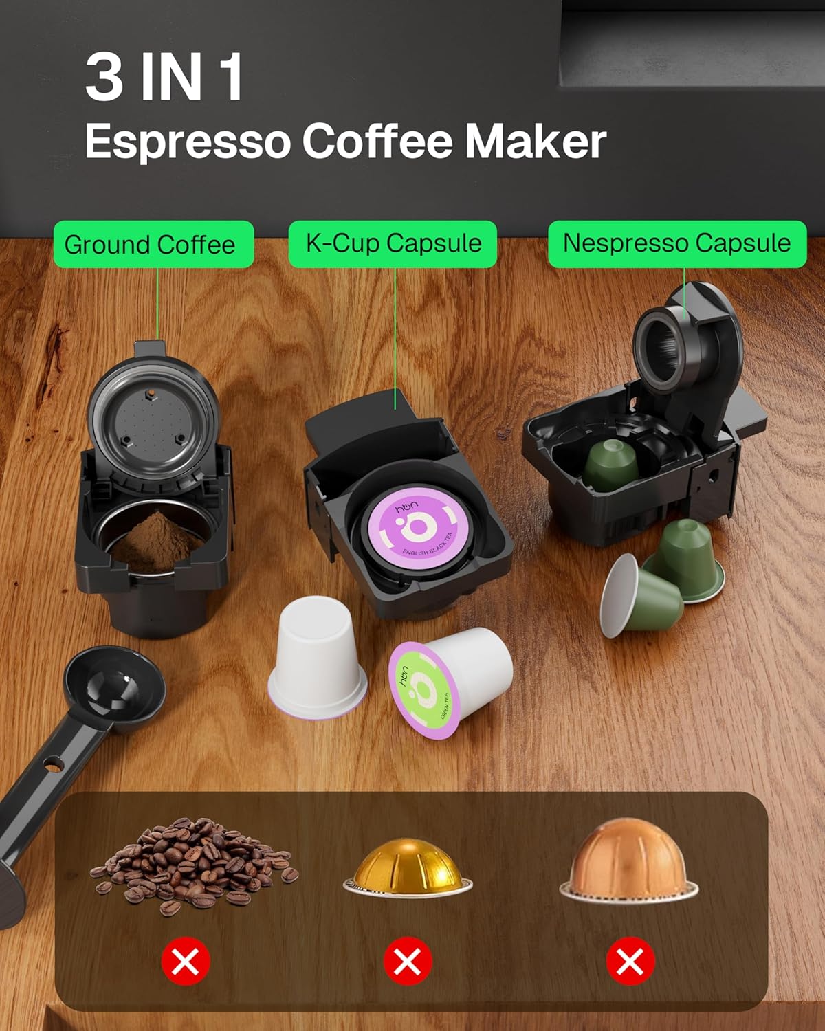 3-in-1 for Nespresso Capsule & K-Cup Pods & Ground Coffee Multi Coffee Maker Single Serve, 19Bar Programmable One-Touch Brewing Espresso Machine, 20oz Removable Water Tank, 1450W Fast Heat