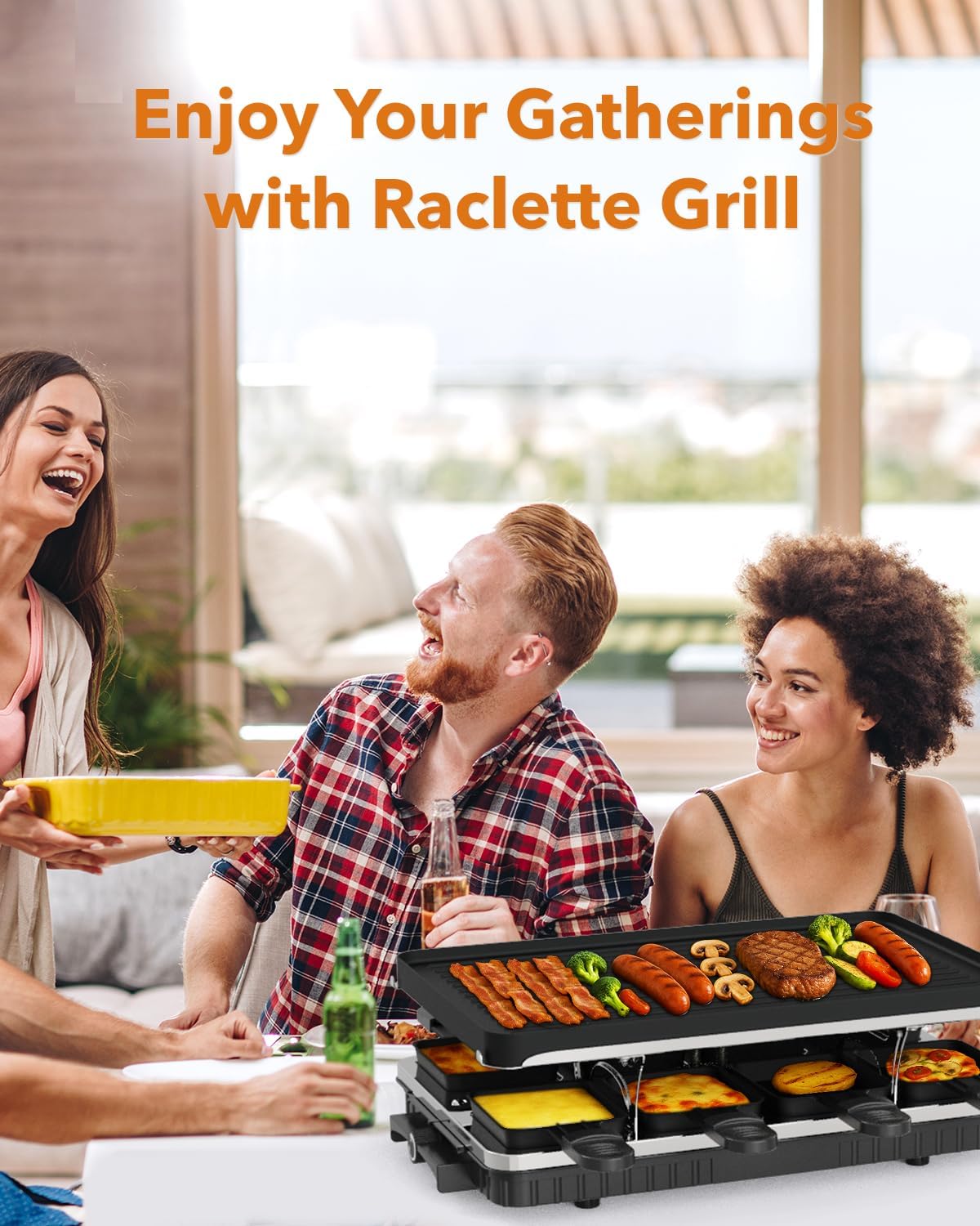 1300W Electric Raclette Table Grill with 8 Warming Trays, 2-in-1 Korean BBQ Grill & Electric Griddle Nonstick