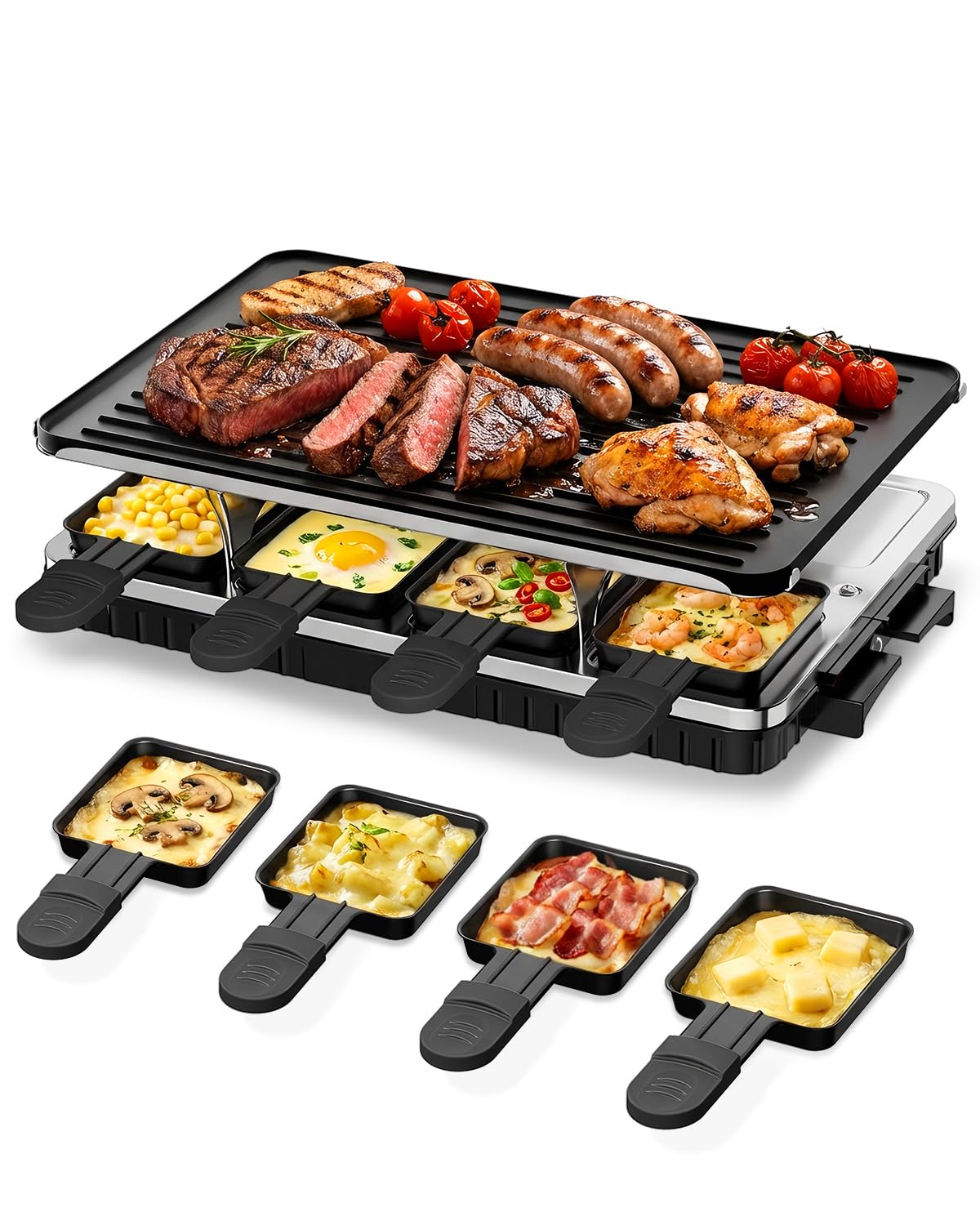 1300W Electric Raclette Table Grill with 8 Warming Trays, 2-in-1 Korean BBQ Grill & Electric Griddle Nonstick