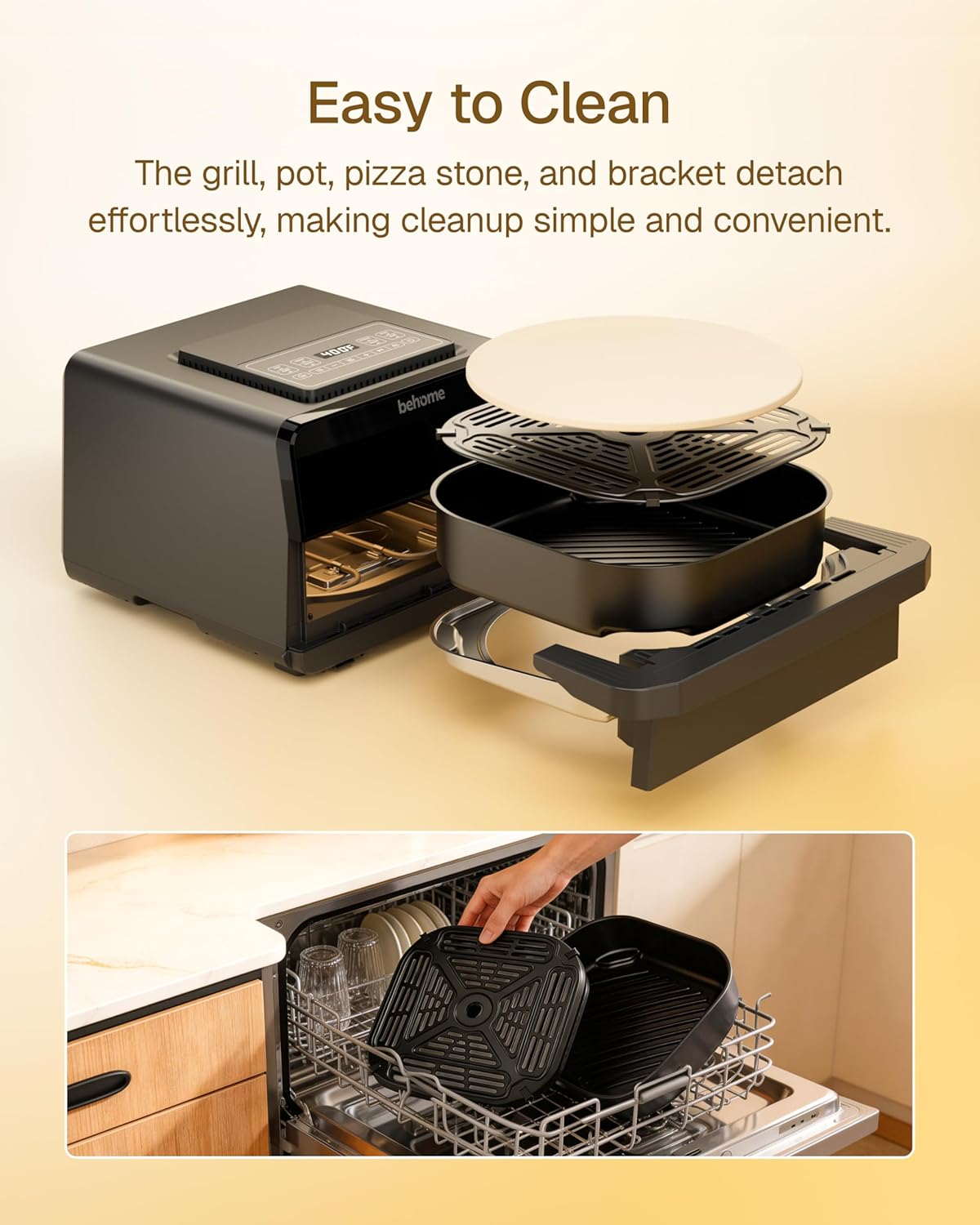 Behome 1700W Air Fryer & Pizza Oven 2-in-1, 6.5 QT Family Size with Pizza Stone, 9 Cooking Preset with Viewing Window &Light, 105°F-450°F Adjustable