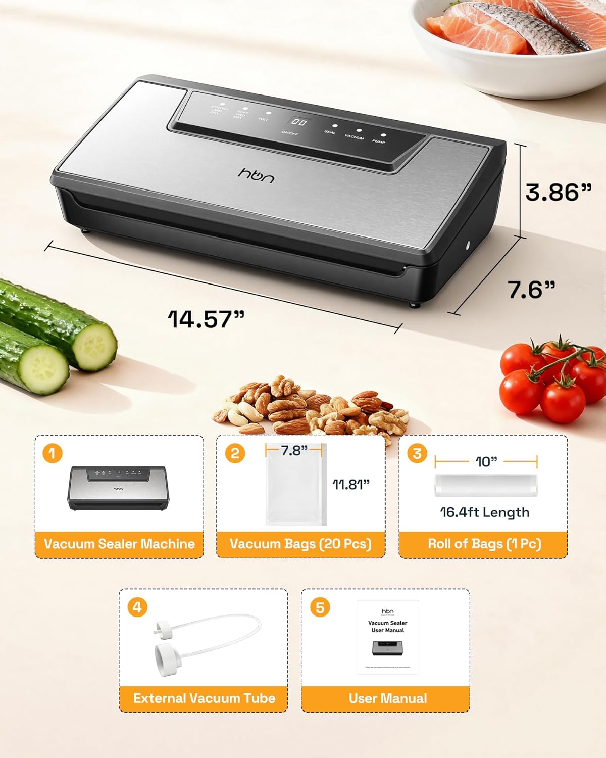 Vacuum Sealer for Food Vacuum Sealer Machine SUS Stainless Steel Food Sealer Built-in Cutter & Bag Storage Countertop Vacuum Sealer with Automatic Hands-Free Lid