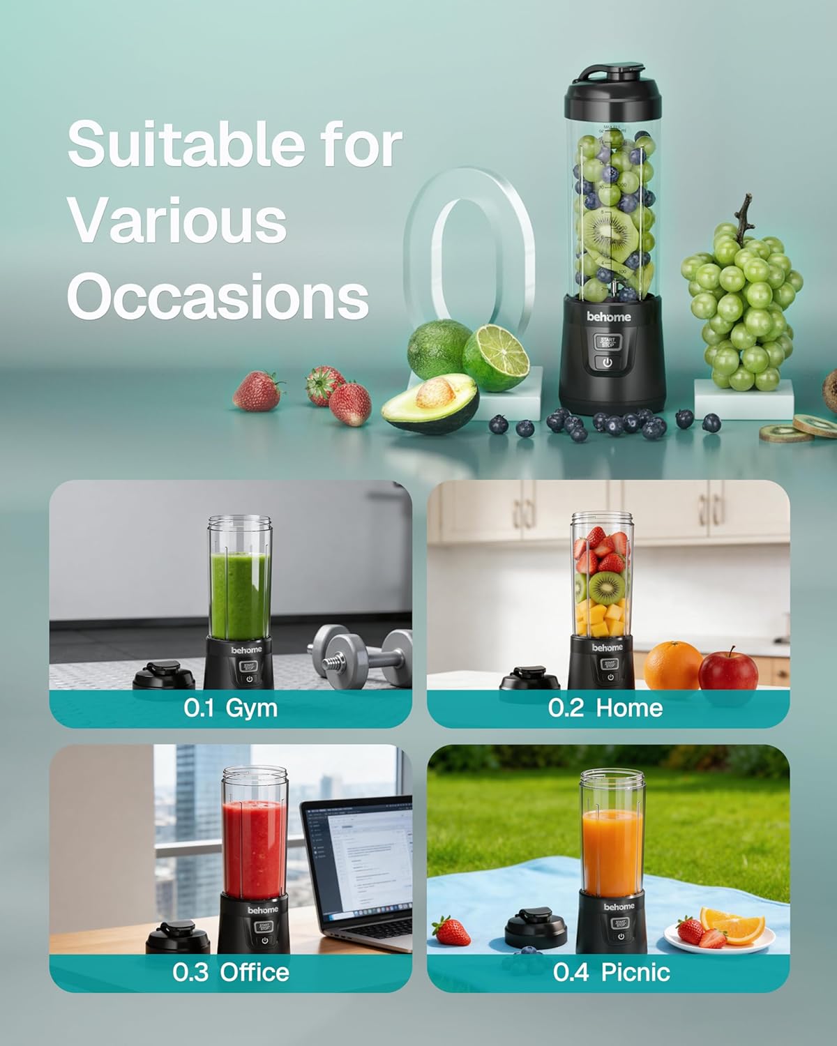 Behome Portable Blender Smoothies and Shakes, Personal Juicer 14 OZ BPA Free Portable Cups, USB-C Rechargeable
