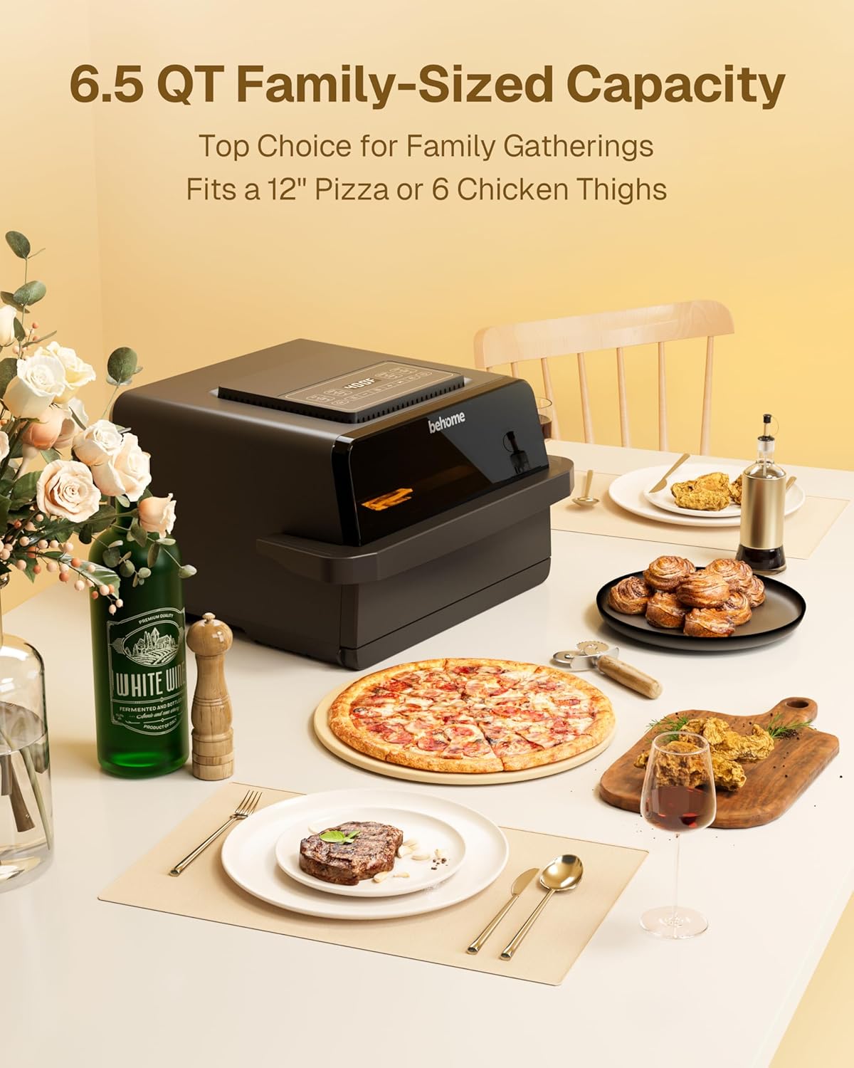 Behome 1700W Air Fryer & Pizza Oven 2-in-1, 6.5 QT Family Size with Pizza Stone, 9 Cooking Preset with Viewing Window &Light, 105°F-450°F Adjustable