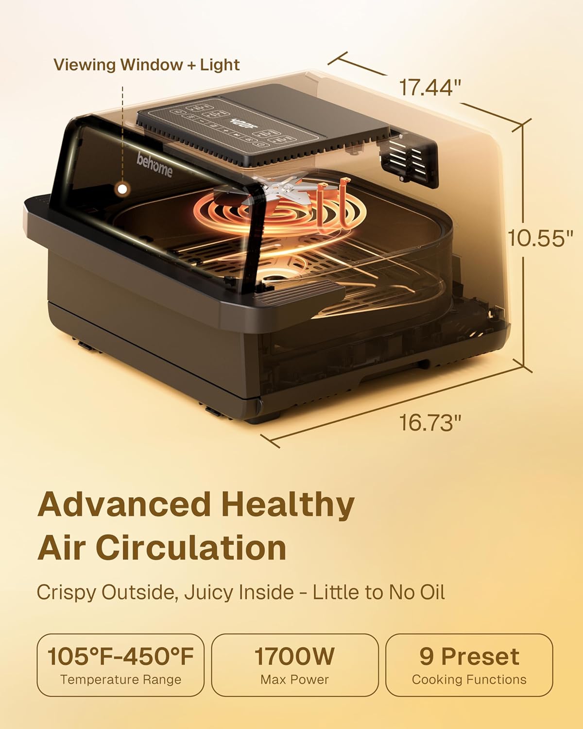 Behome 1700W Air Fryer & Pizza Oven 2-in-1, 6.5 QT Family Size with Pizza Stone, 9 Cooking Preset with Viewing Window &Light, 105°F-450°F Adjustable