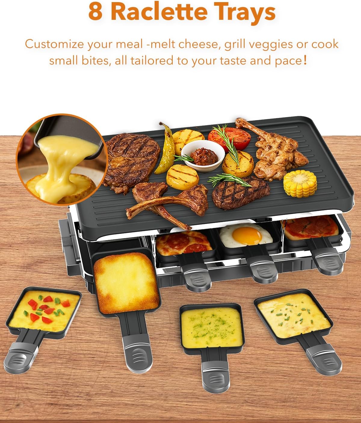 1300W Electric Raclette Table Grill with 8 Warming Trays, 2-in-1 Korean BBQ Grill & Electric Griddle Nonstick