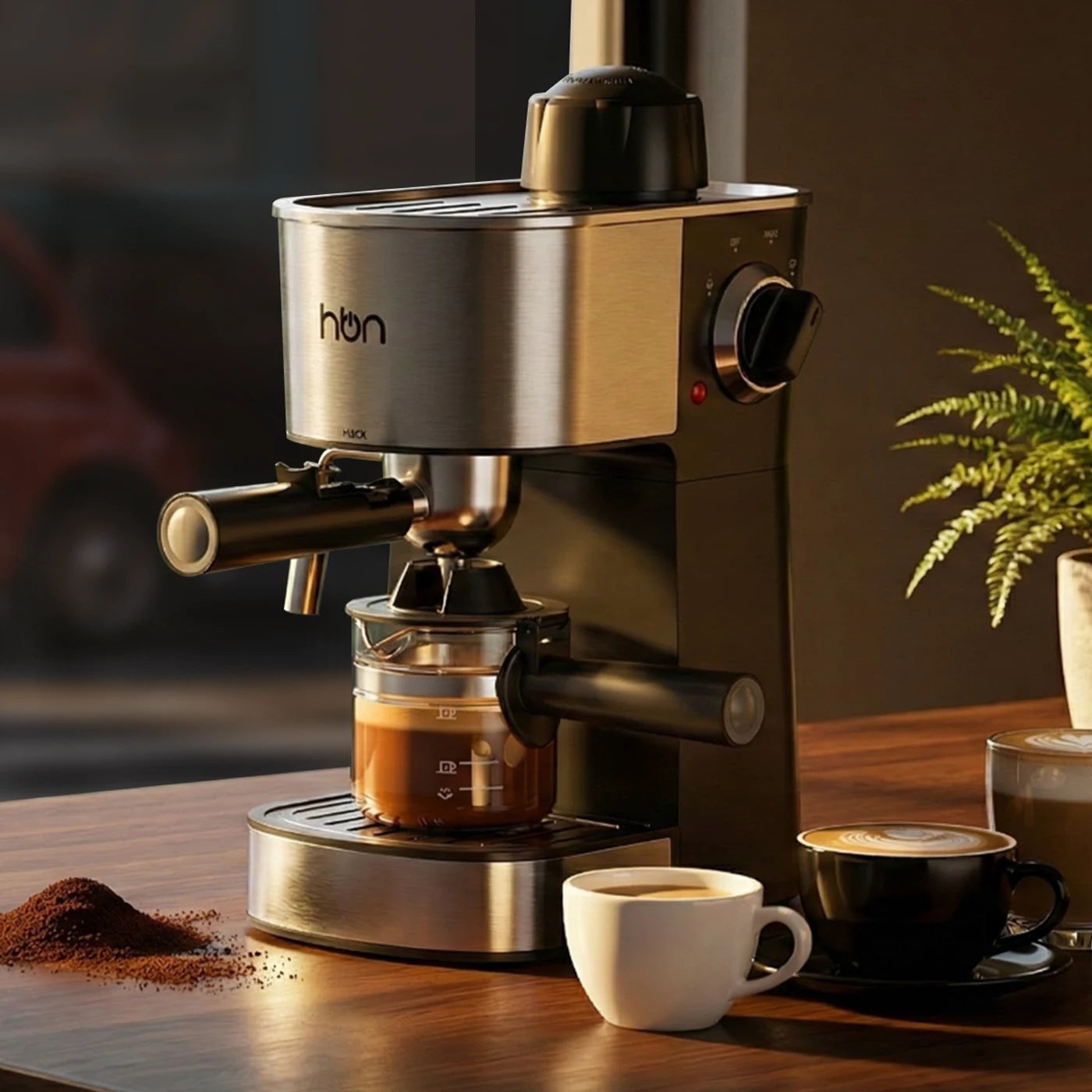 expresso machine under sunset light setting