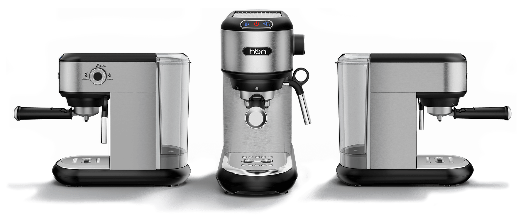 espresso coffee machine shown in multiple angles with stainless steel design