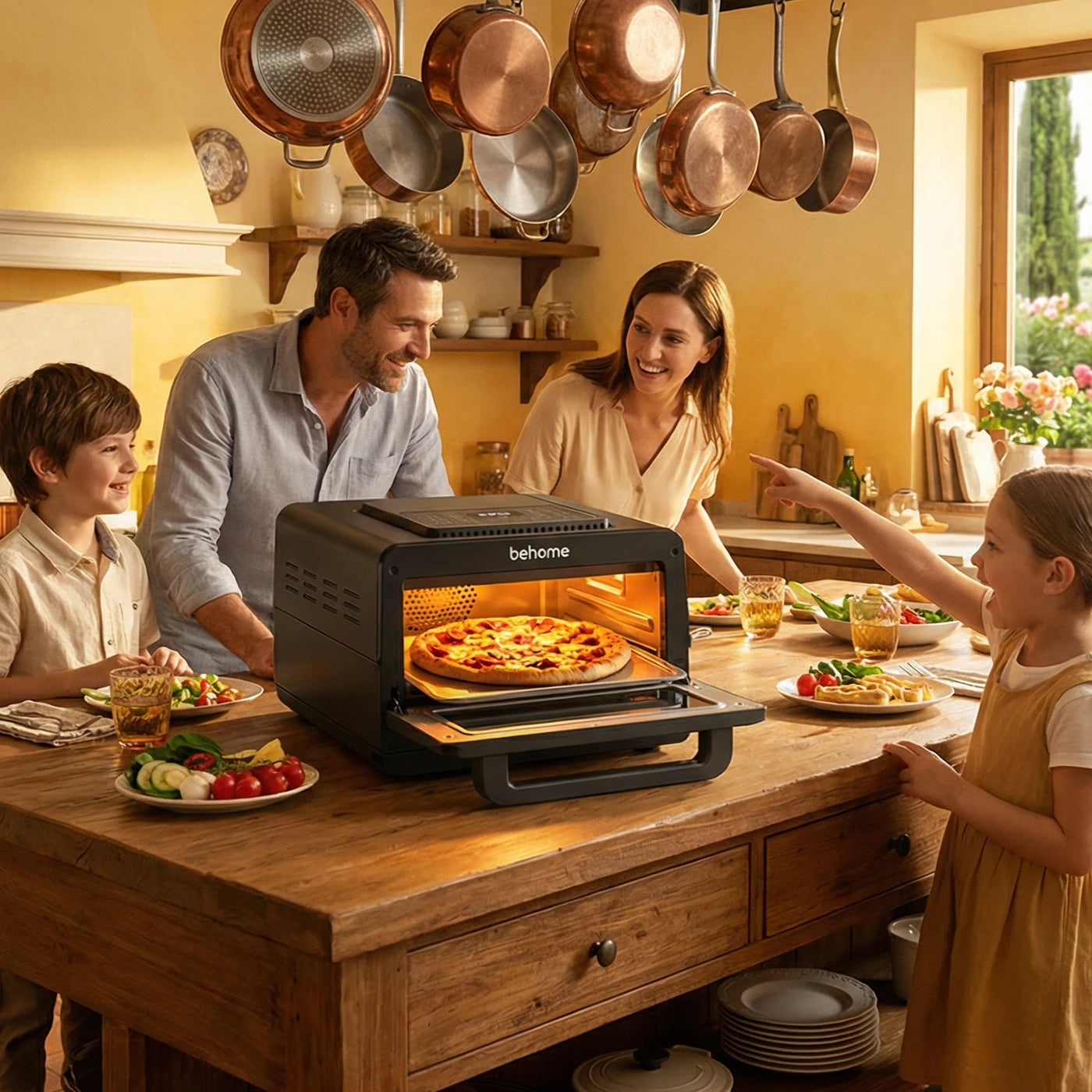 family enjoying pizza made with air fryer pizza oven at home