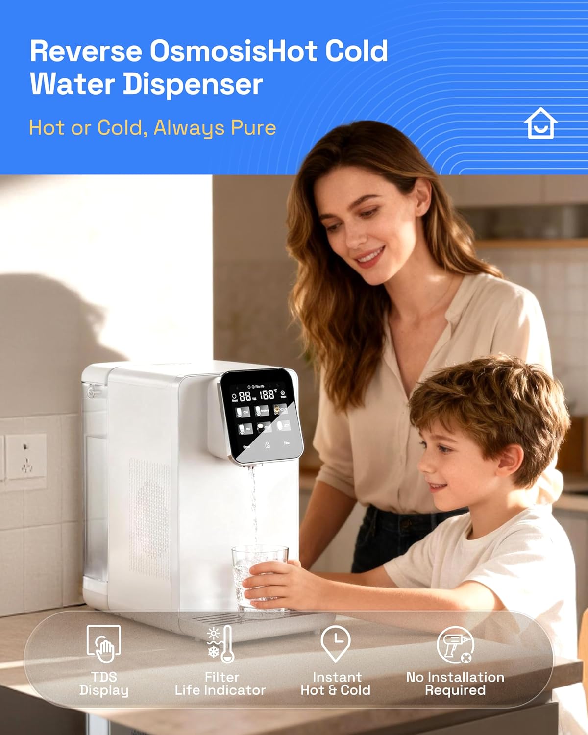 Hot & Cold Countertop Reverse Osmosis Water Filter System, 6 Temp Options, Dual Filters PAC+ROC, Touch Control