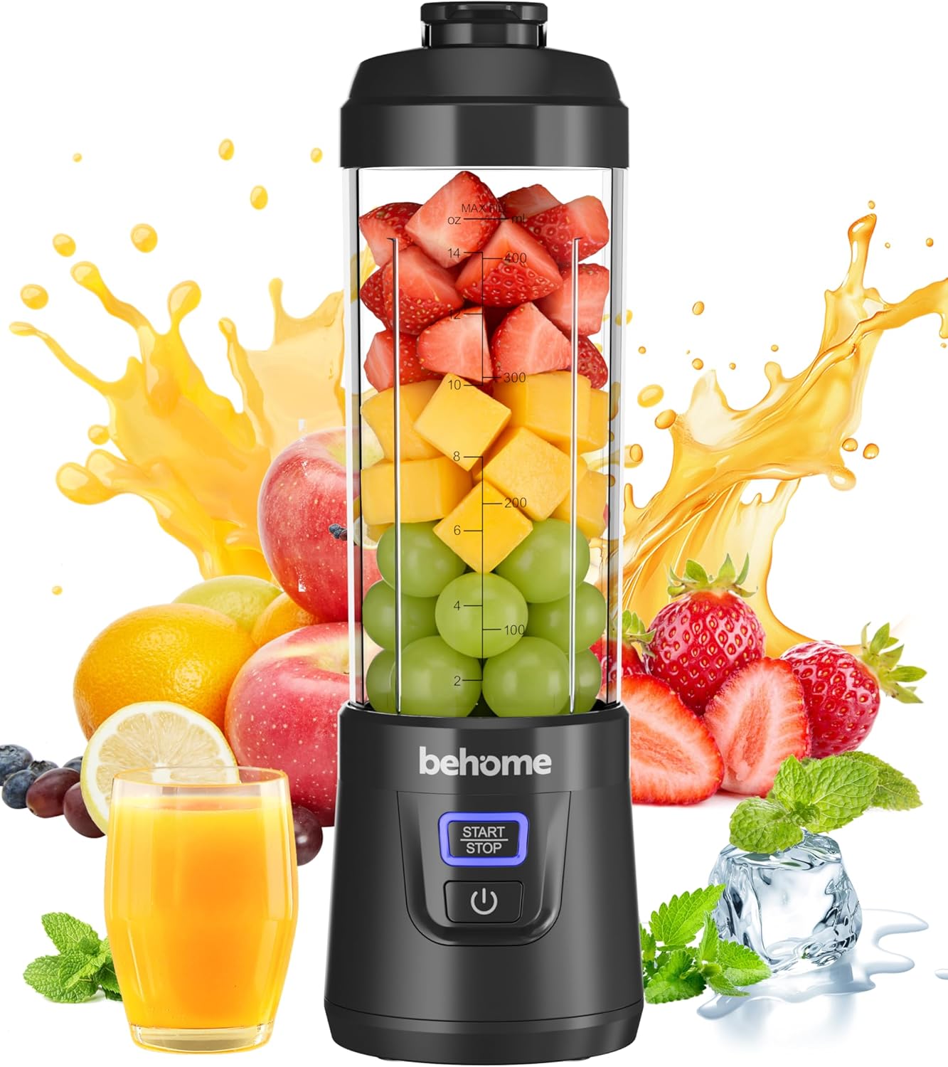 Behome Portable Blender Smoothies and Shakes, Personal Juicer 14 OZ BPA Free Portable Cups, USB-C Rechargeable