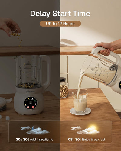 Behome 8 in 1 Nut Milk Maker Machine Blender – Glass Plant 32oz Milk Machine for Almond, Oat & Soy Milk, Self-Cleaning Vegan with No-Soak Beans, Delay Start & Keep Warm