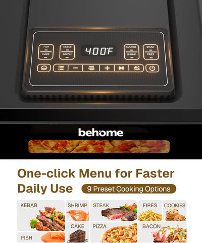 Behome 1700W Air Fryer & Pizza Oven 2-in-1, 6.5 QT Family Size with Pizza Stone, 9 Cooking Preset with Viewing Window &Light, 105°F-450°F Adjustable