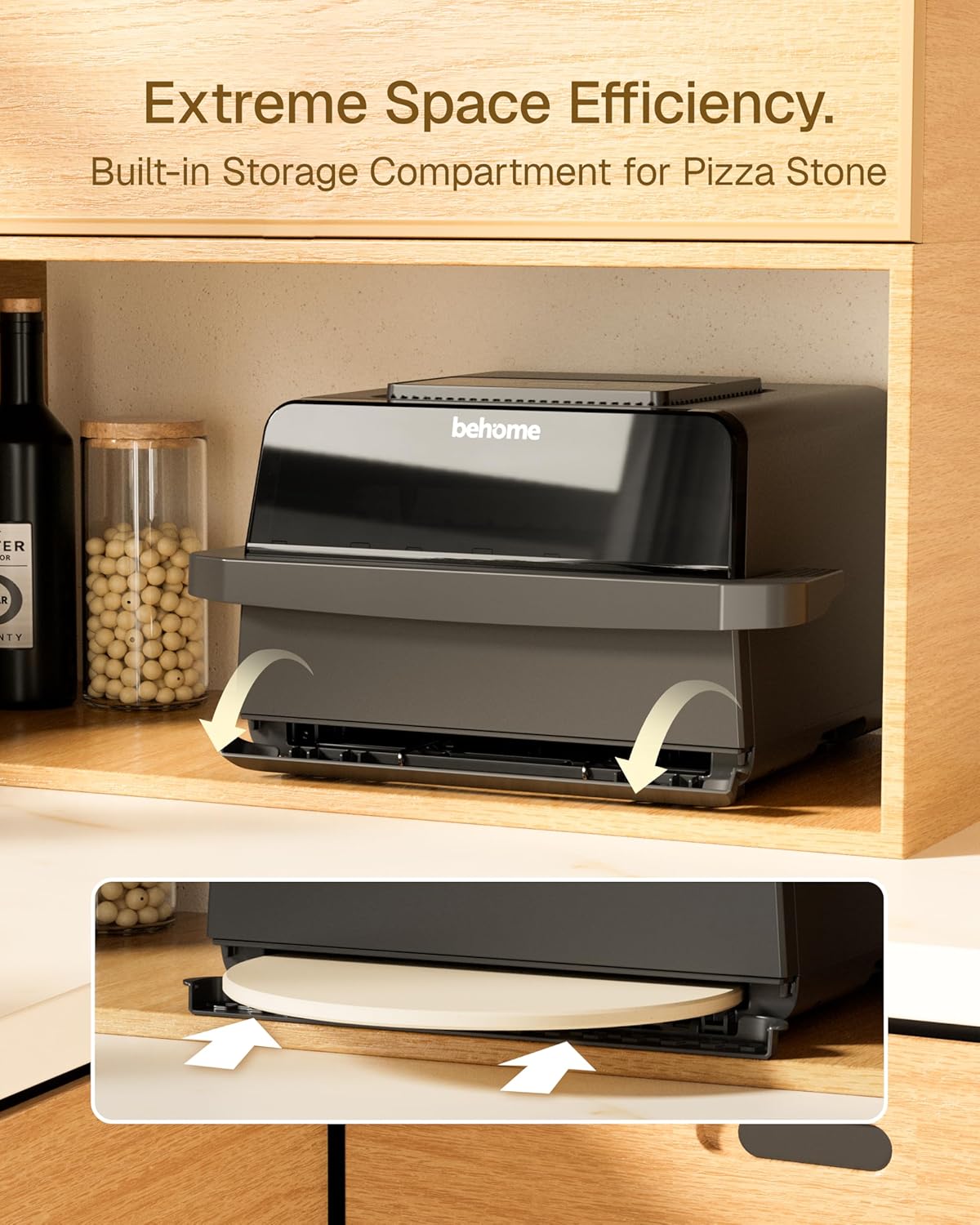 Behome 1700W Air Fryer & Pizza Oven 2-in-1, 6.5 QT Family Size with Pizza Stone, 9 Cooking Preset with Viewing Window &Light, 105°F-450°F Adjustable