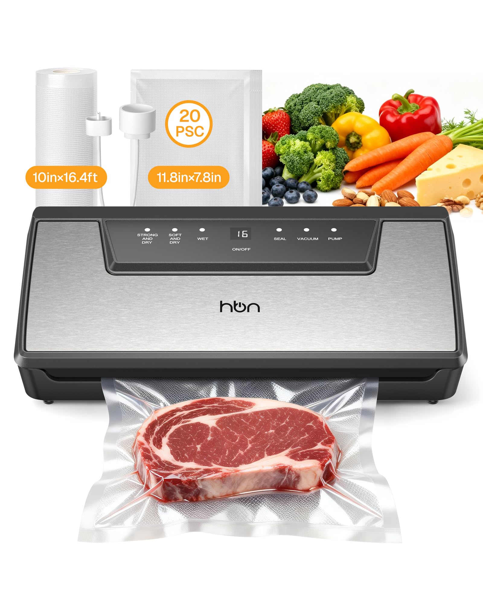 Vacuum Sealer for Food Vacuum Sealer Machine SUS Stainless Steel Food Sealer Built-in Cutter & Bag Storage Countertop Vacuum Sealer with Automatic Hands-Free Lid
