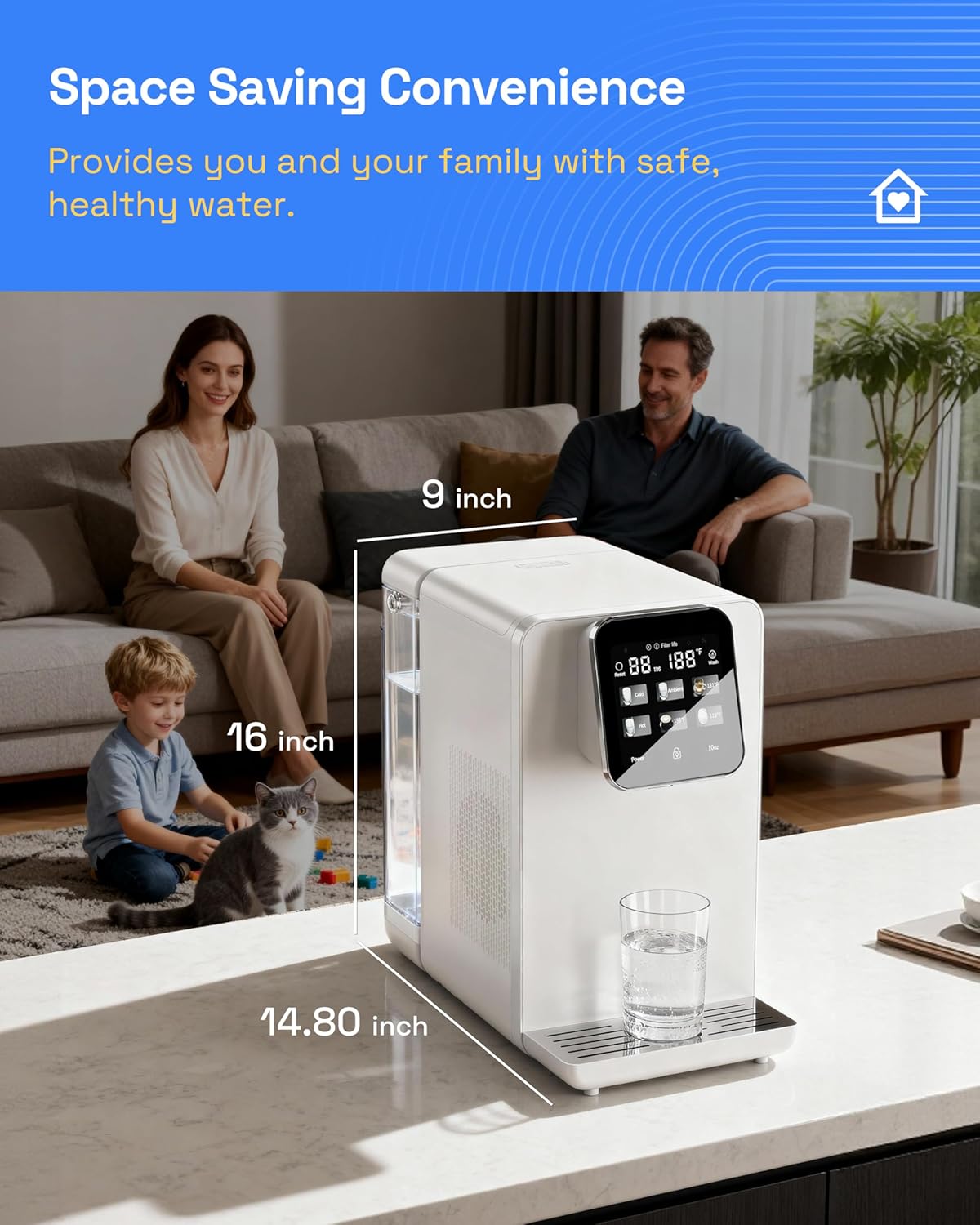 Hot & Cold Countertop Reverse Osmosis Water Filter System, 6 Temp Options, Dual Filters PAC+ROC, Touch Control