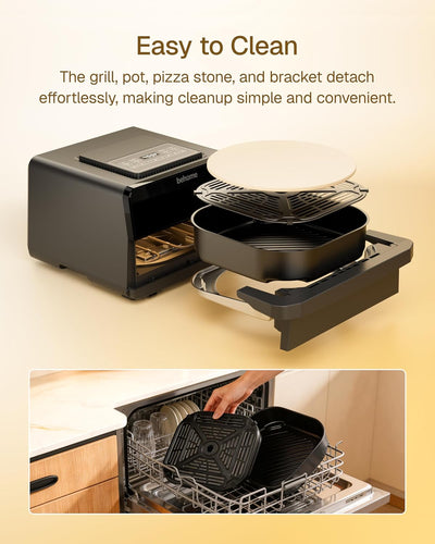 Behome 1700W Air Fryer & Pizza Oven 2-in-1, 6.5 QT Family Size with Pizza Stone, 9 Cooking Preset with Viewing Window &Light, 105°F-450°F Adjustable