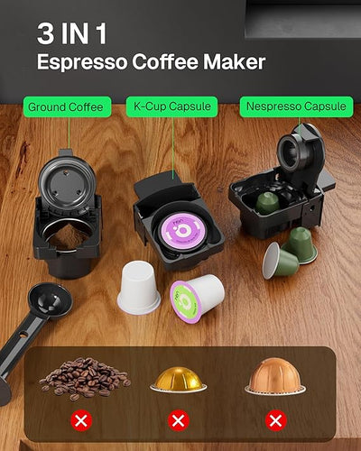 3-in-1 for Nespresso Capsule & K-Cup Pods & Ground Coffee Multi Coffee Maker Single Serve, 19Bar Programmable One-Touch Brewing Espresso Machine, 20oz Removable Water Tank, 1450W Fast Heat