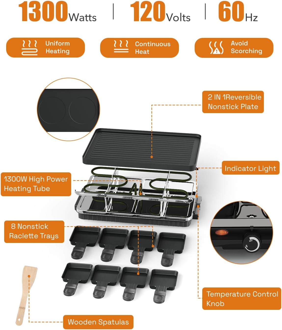 1300W Electric Raclette Table Grill with 8 Warming Trays, 2-in-1 Korean BBQ Grill & Electric Griddle Nonstick