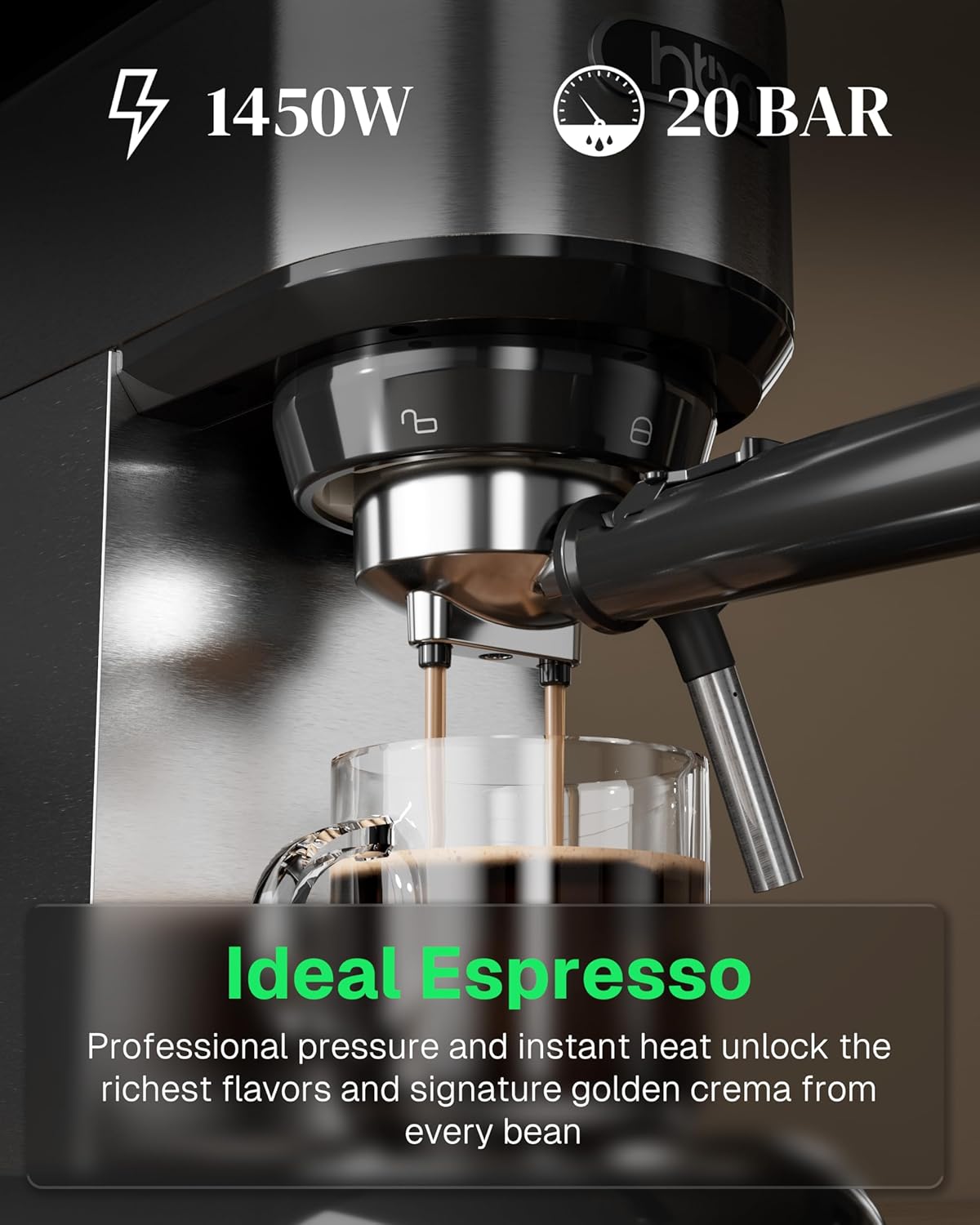 20 Bar Espresso Machine with Milk Frother, Steam Wand & 34oz Removable Water Tank, 1450W for Home & Office