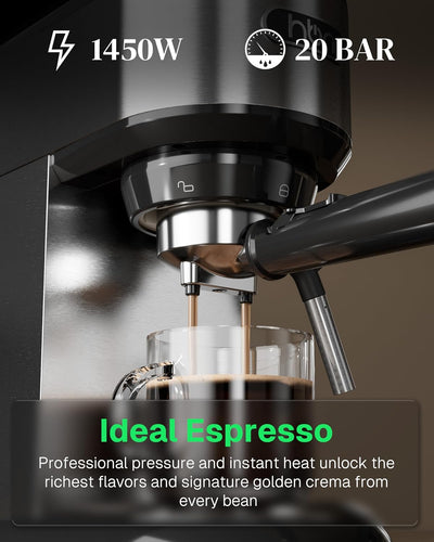 20 Bar Espresso Machine with Milk Frother, Steam Wand & 34oz Removable Water Tank, 1450W for Home & Office