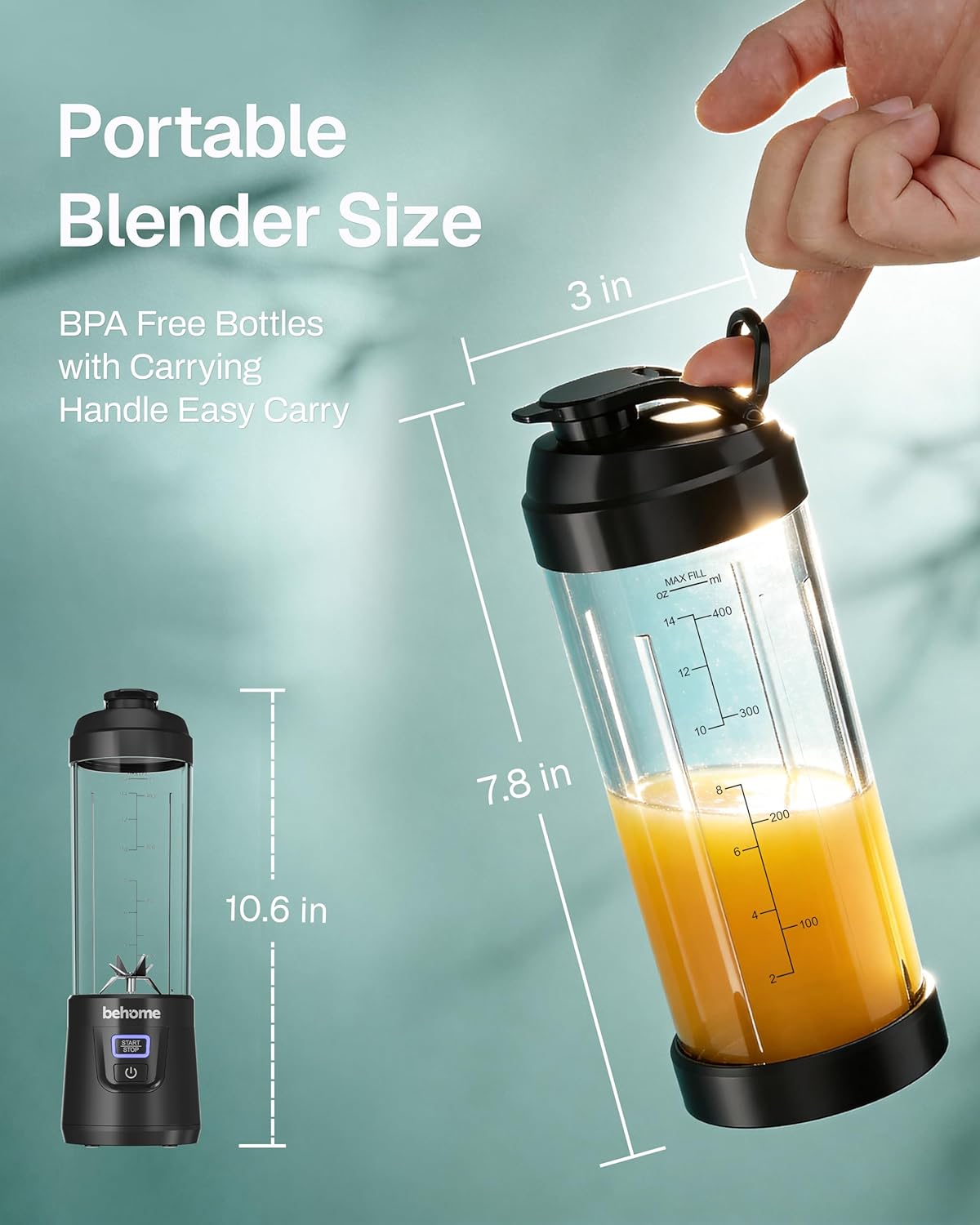 Behome Portable Blender Smoothies and Shakes, Personal Juicer 14 OZ BPA Free Portable Cups, USB-C Rechargeable