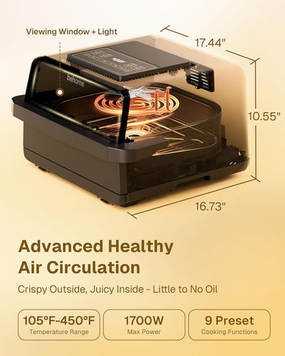 Behome 1700W Air Fryer & Pizza Oven 2-in-1, 6.5 QT Family Size with Pizza Stone, 9 Cooking Preset with Viewing Window &Light, 105°F-450°F Adjustable