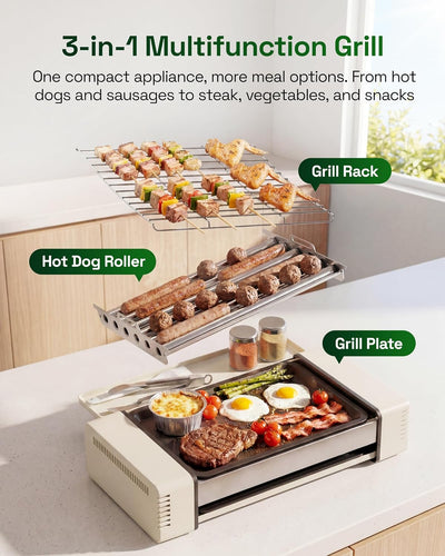 Indoor Grill and Electric Griddle, 3-in-1 Smokeless Indoor Grill with Grill Rack & Nonstick Griddle & Sausage Grill Korean BBQ grill for Kitchen, Dishwasher Safe
