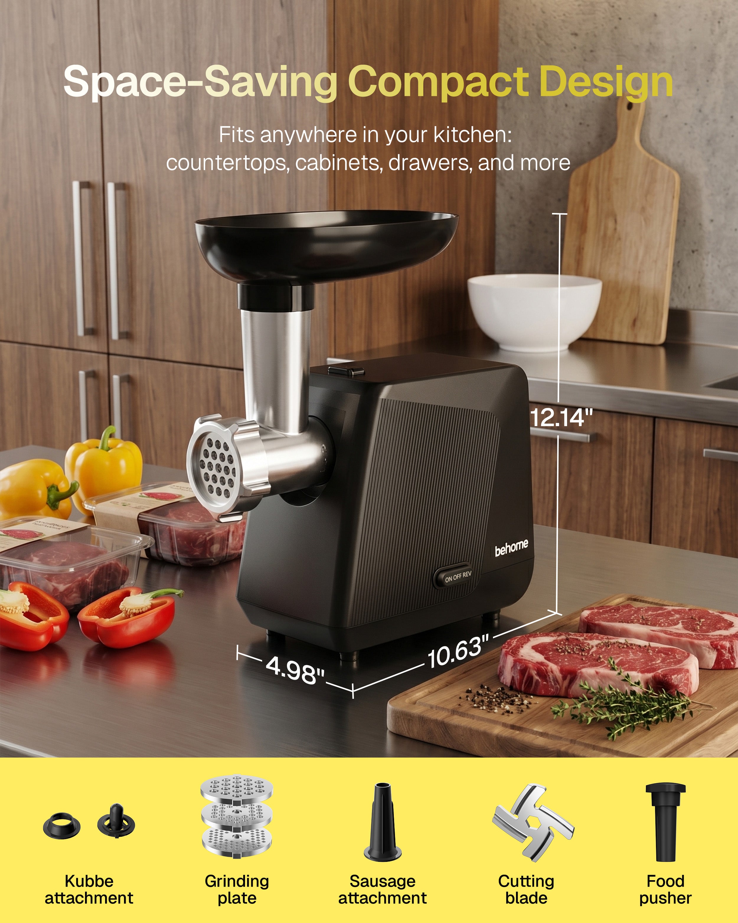 Behome Electric Meat Grinder for Home, Sausage Stuffer and Kubbe Maker | 2800W MAX Grinds up to 2.2 lb/min with reverse control, 3 grinding plates, sausage tube and kubbe attachment for home use