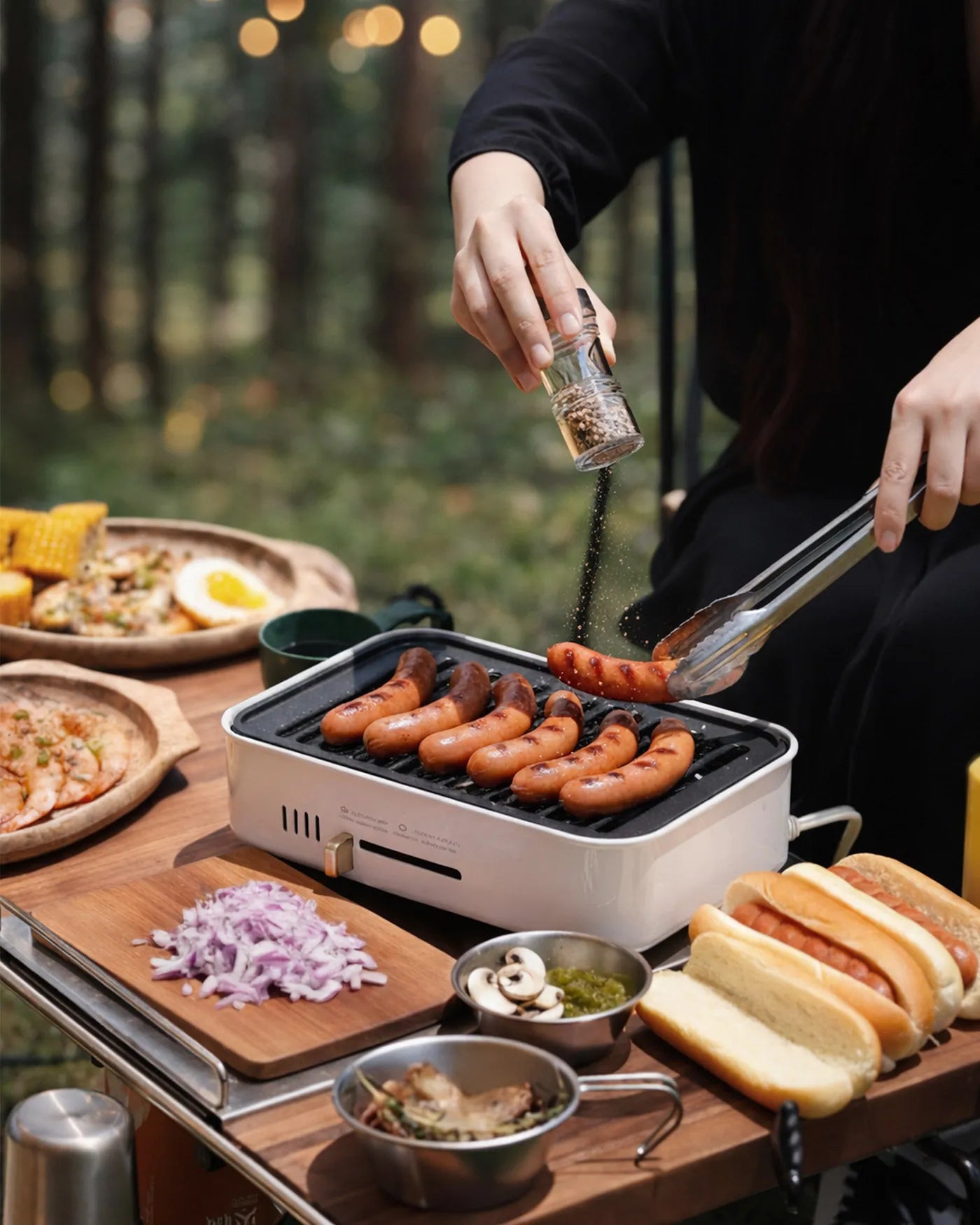 3 in 1 hot dog roller grill machine cooking sausages outdoors with fresh ingredients and easy home grilling