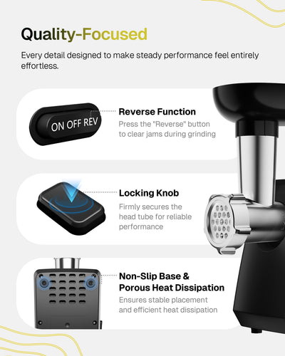 Behome Electric Meat Grinder for Home, Sausage Stuffer and Kubbe Maker | 2800W MAX Grinds up to 2.2 lb/min with reverse control, 3 grinding plates, sausage tube and kubbe attachment for home use