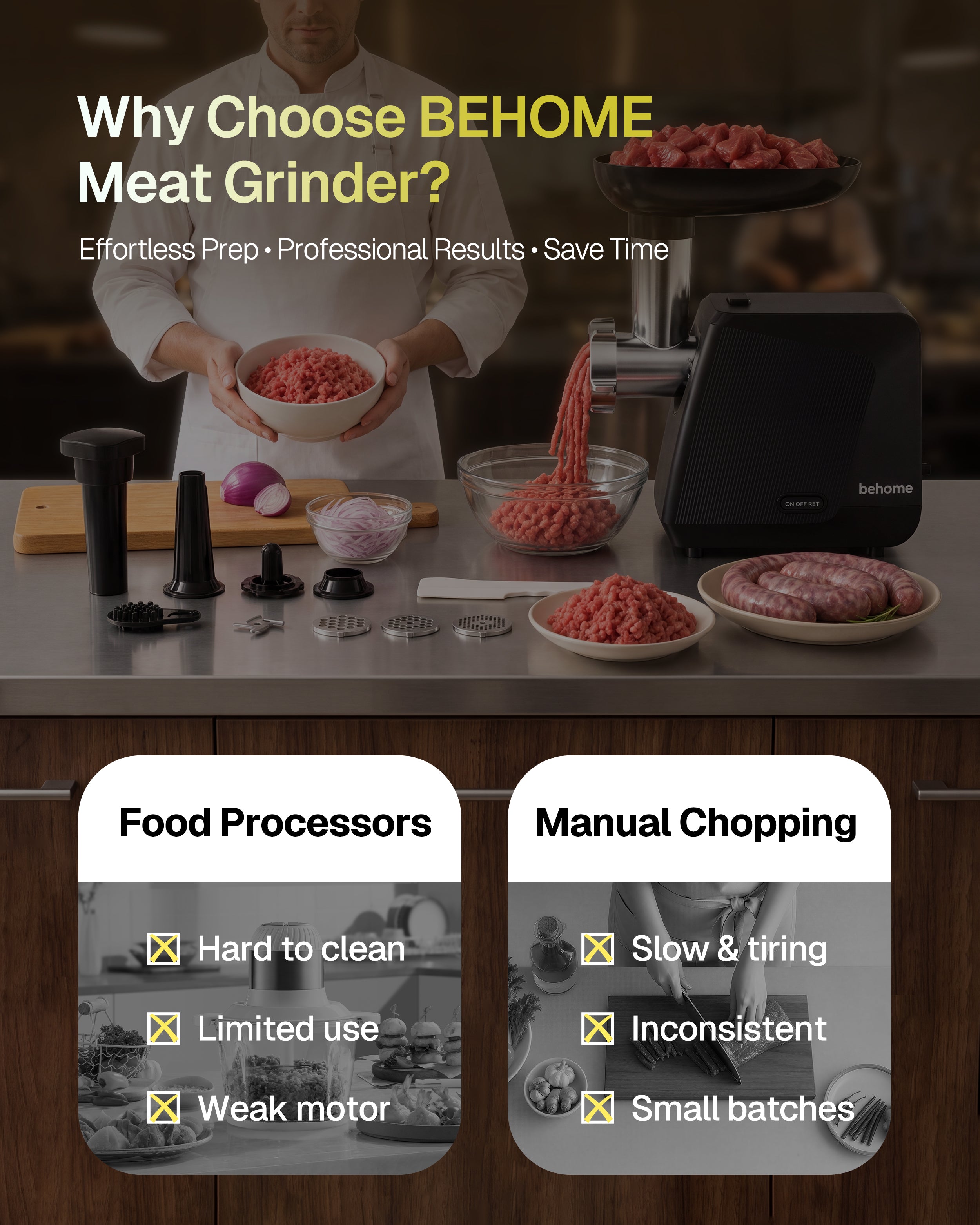 Behome Electric Meat Grinder for Home, Sausage Stuffer and Kubbe Maker | 2800W MAX Grinds up to 2.2 lb/min with reverse control, 3 grinding plates, sausage tube and kubbe attachment for home use
