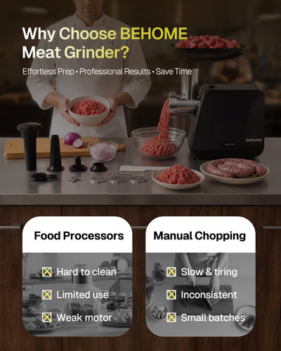 Behome Electric Meat Grinder for Home, Sausage Stuffer and Kubbe Maker | 2800W MAX Grinds up to 2.2 lb/min with reverse control, 3 grinding plates, sausage tube and kubbe attachment for home use