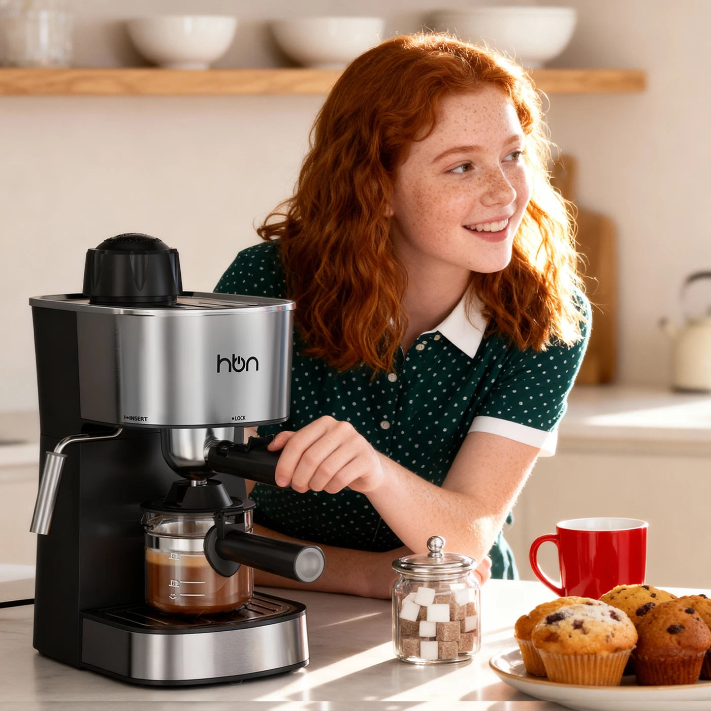 a girl next to a expresso machine
