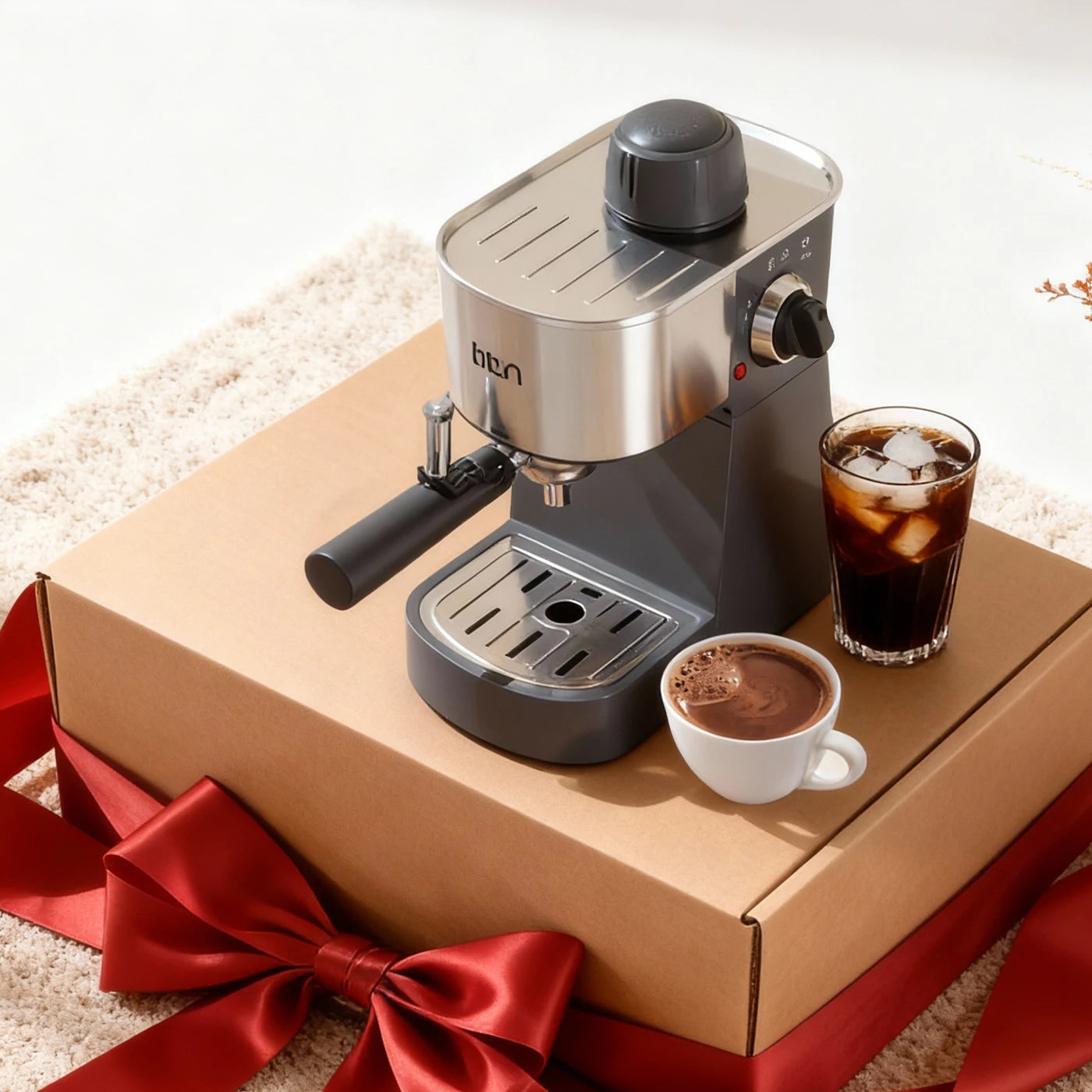 an expresso machine on top of a gift box with coffee and iced black coffee
