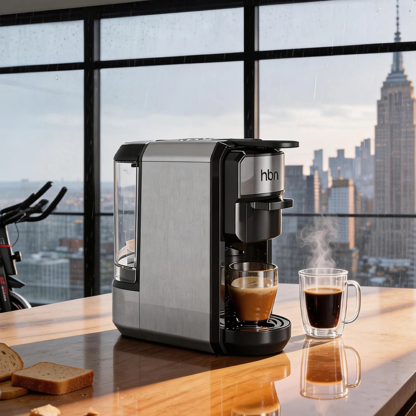 coffee machine on top of wooden table against cityscape background