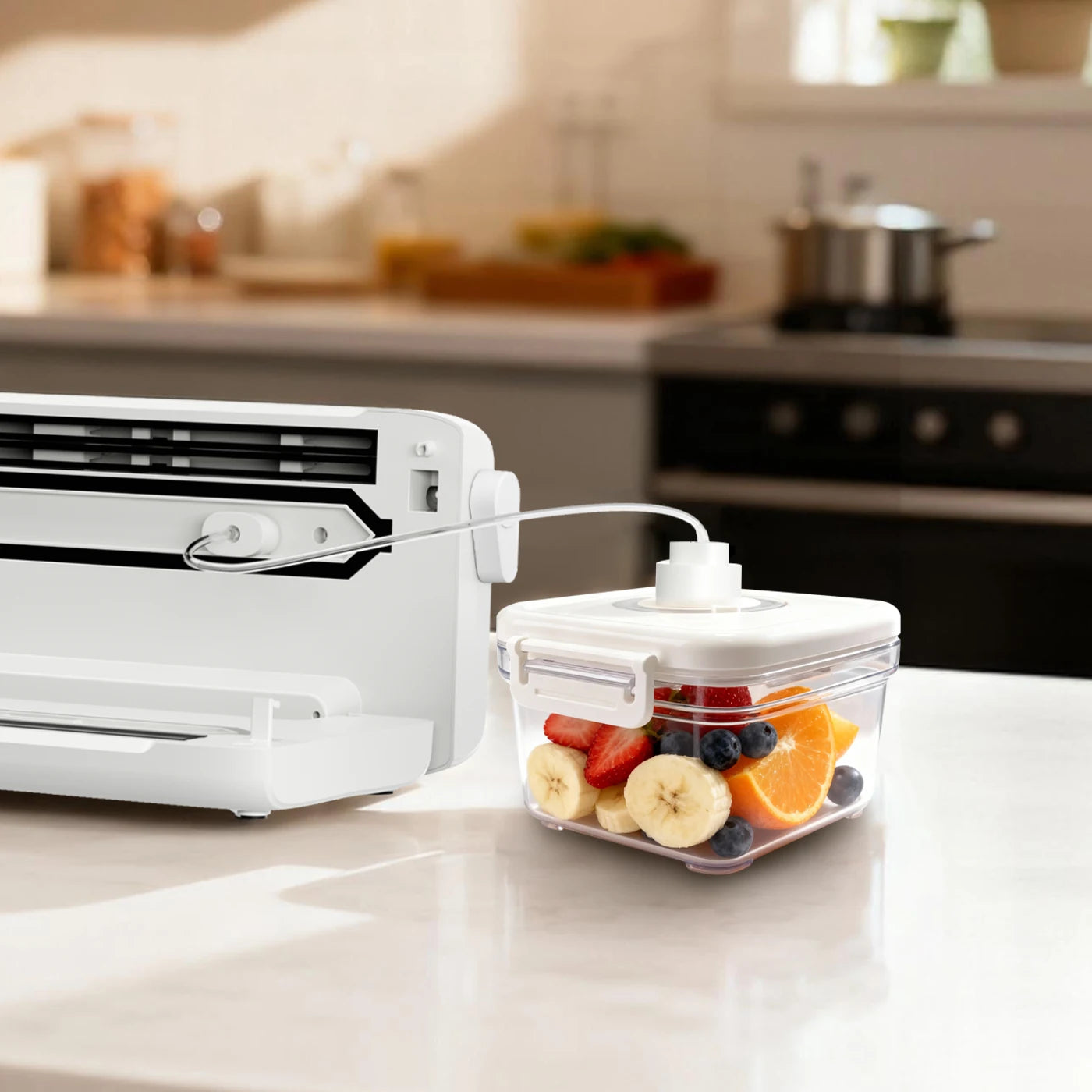 vacuume into a container with fruit