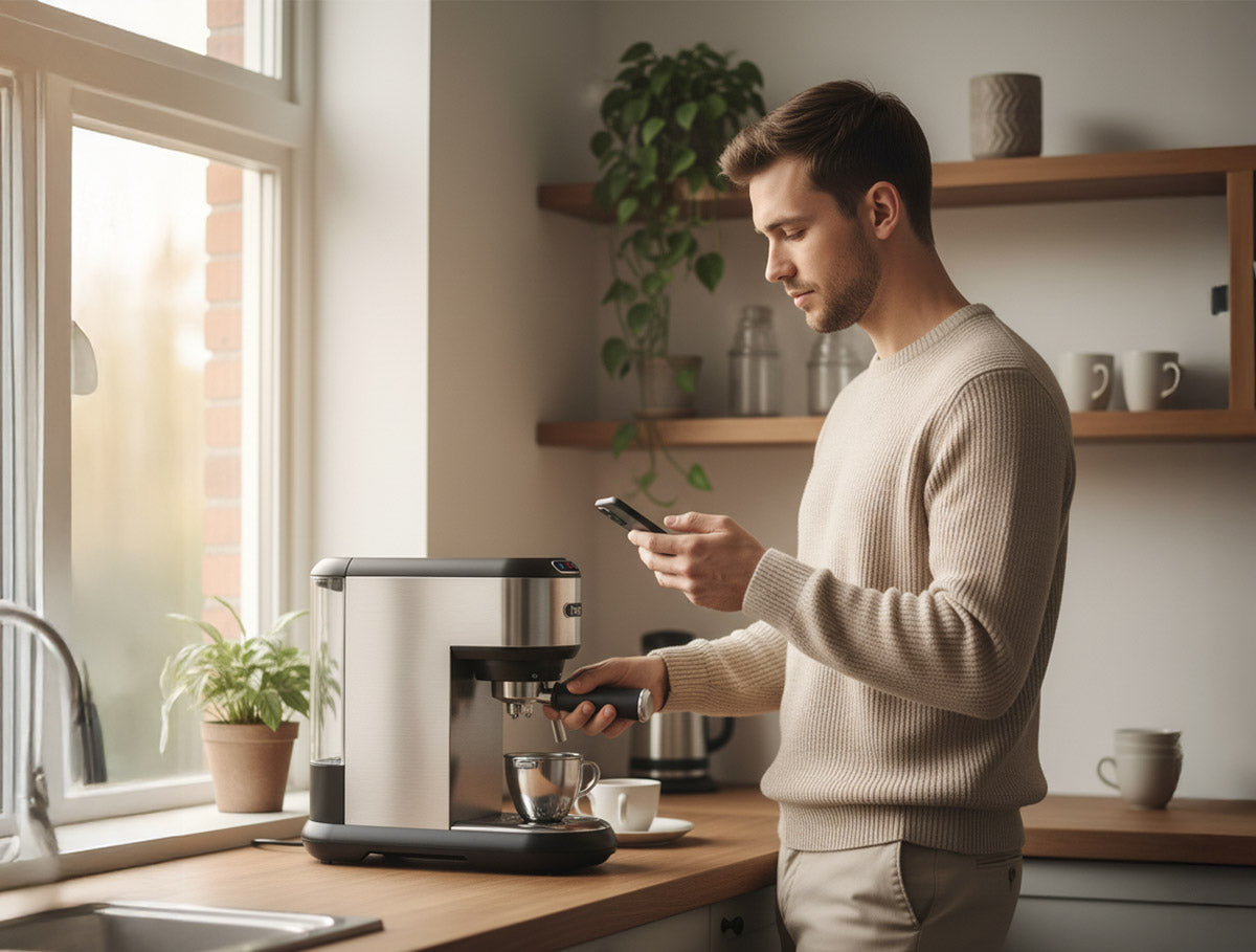 person using a smart kitchen appliance while checking phone in a modern home setting