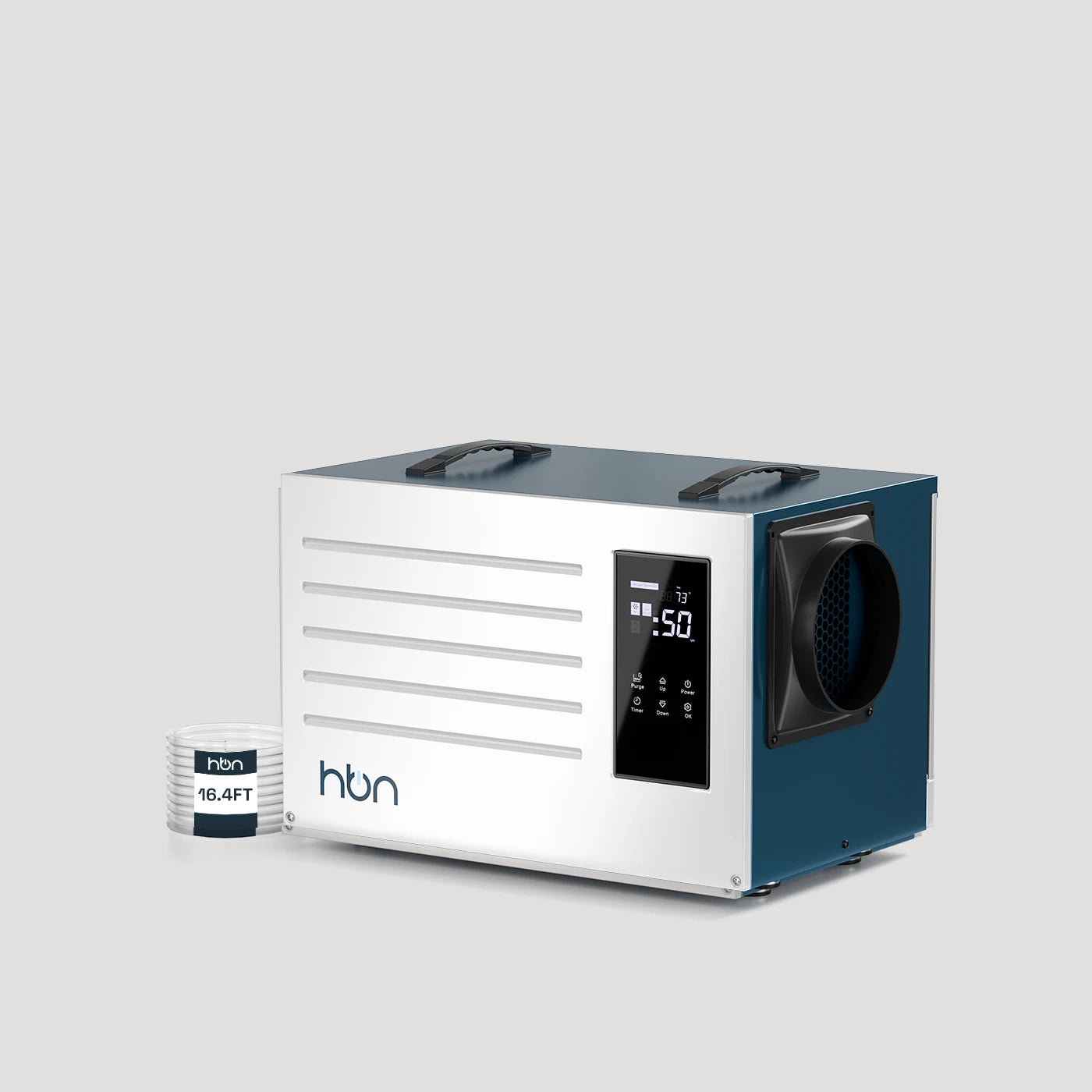 commercial dehumidifier with digital display compact metal design angled view