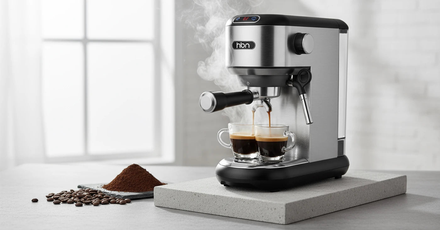 espresso coffee machine brewing rich espresso into glass cups with steam for home barista experience