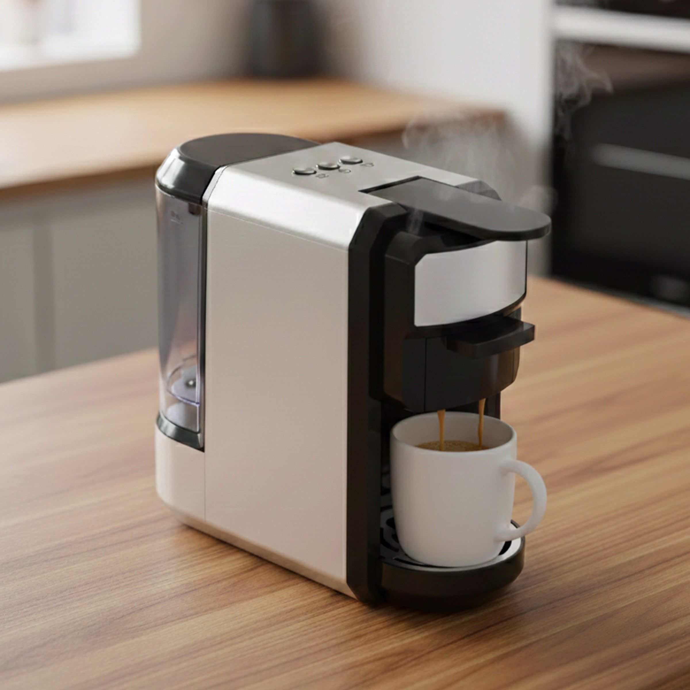 espresso coffee machine brewing coffee into cup on kitchen counter