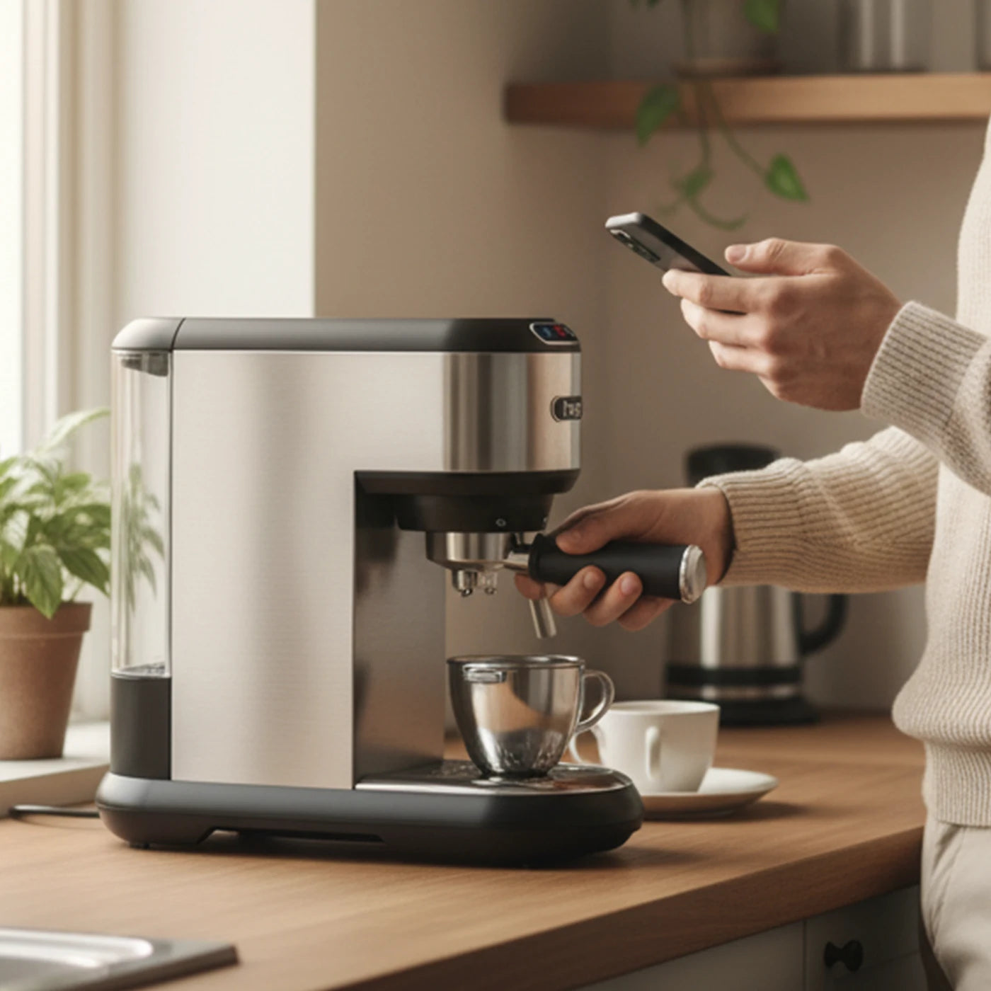 espresso machine steam wand and control panel close up stainless steel detail