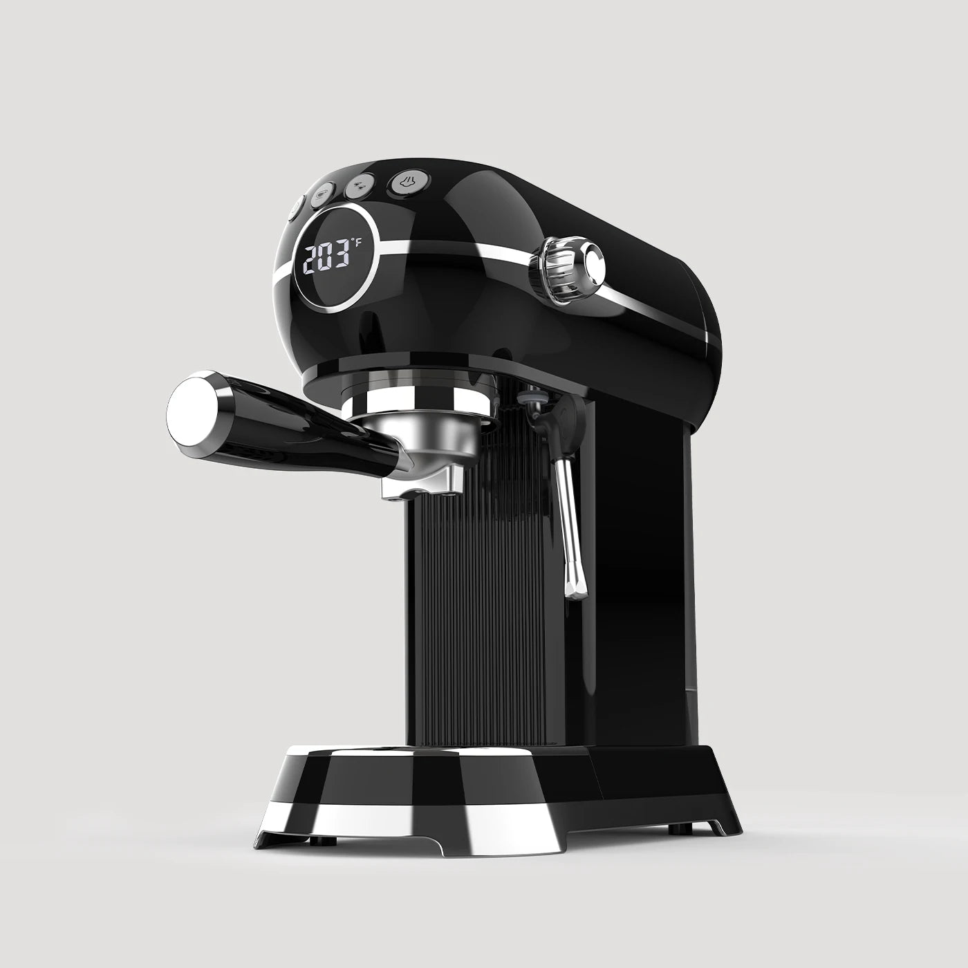 compact espresso machine side view black stainless steel design
