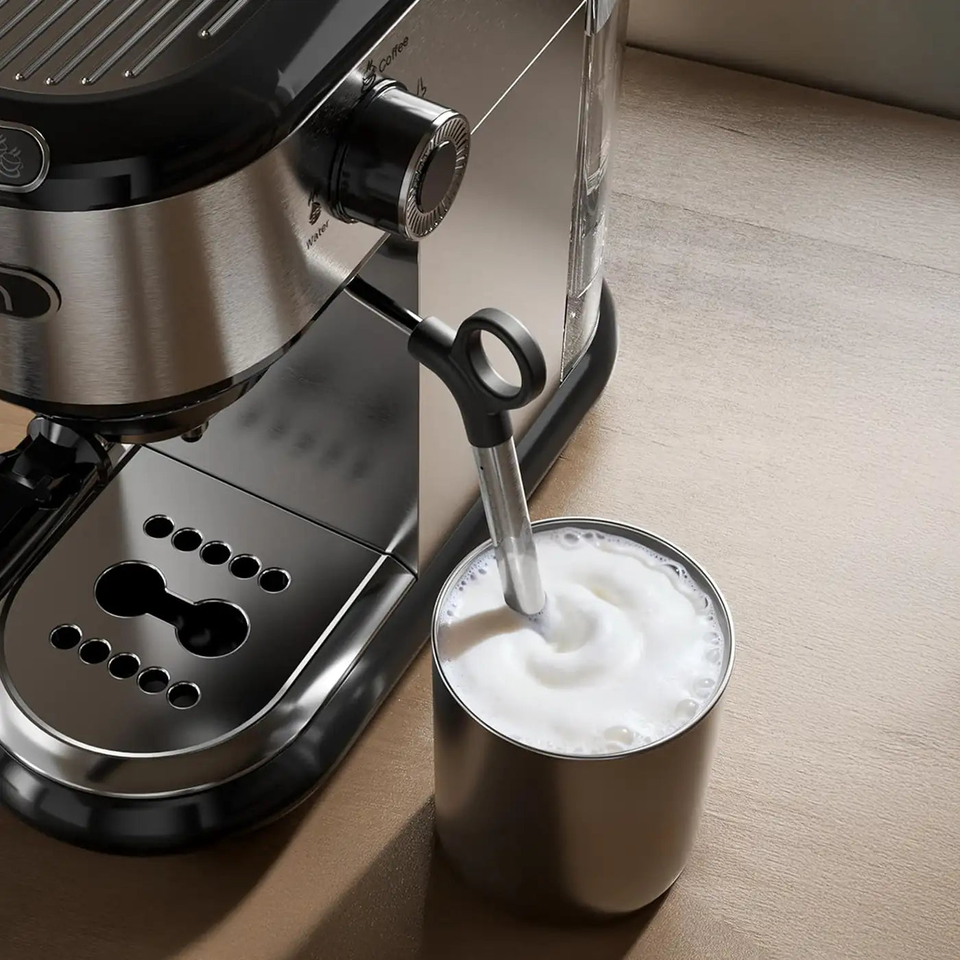 espresso machine brewing coffee into cup stainless steel home barista setup