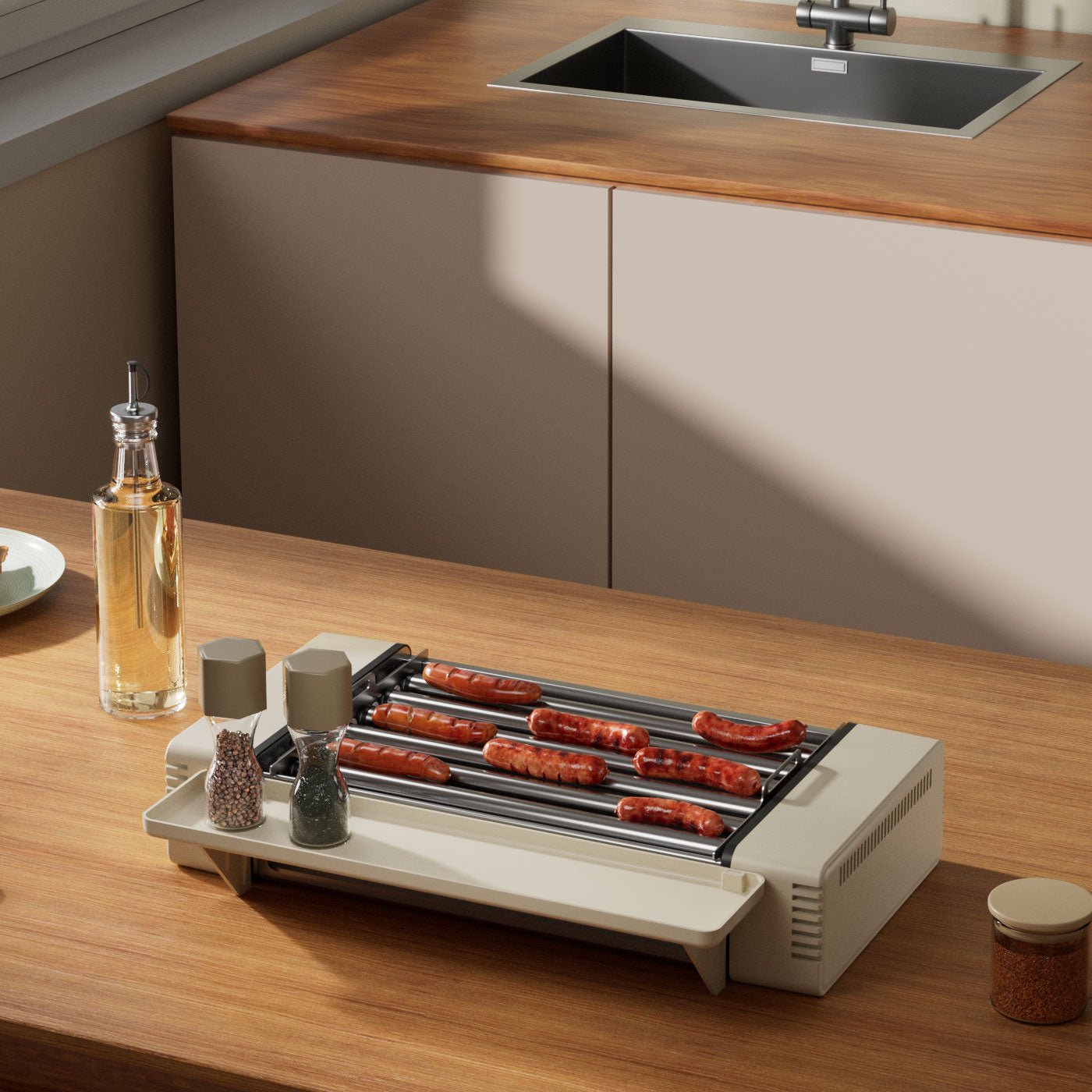 electric hot dog roller grill machine on kitchen counter home cooking appliance