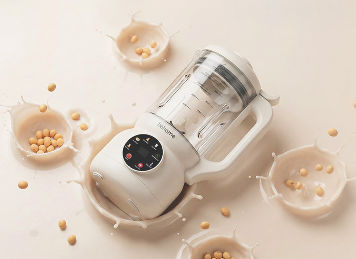 nut milk maker with soybeans creating fresh plant based milk splash visual