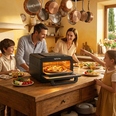 family enjoying pizza made with air fryer pizza oven at home