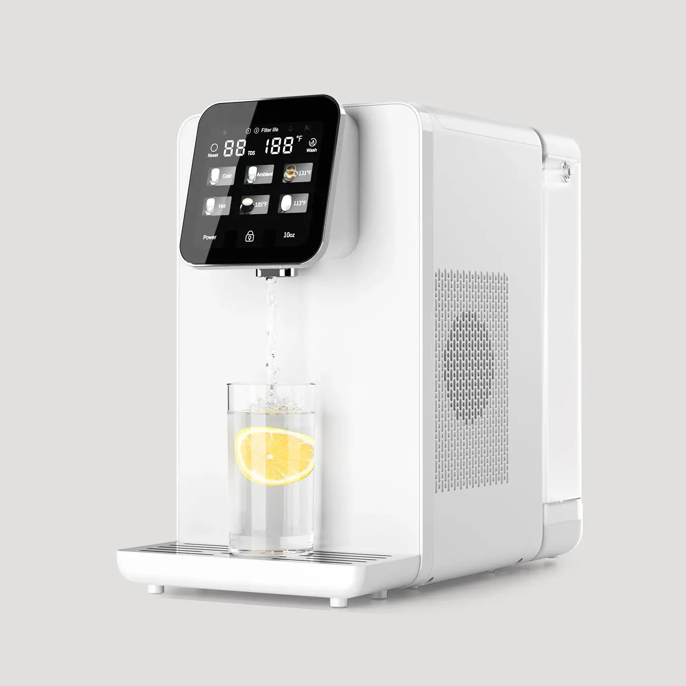 RO water dispenser pouring purified water into glass easy one touch operation