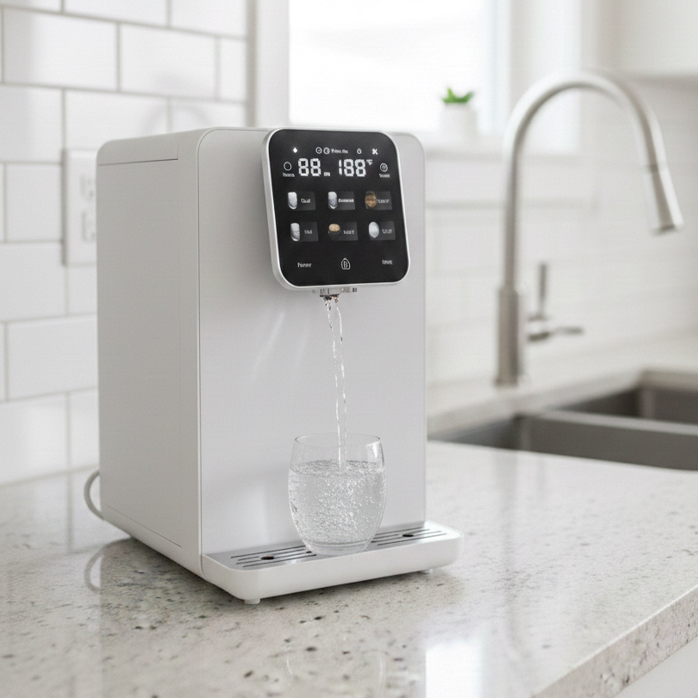 RO water purifier dispenser on kitchen counter next to sink for daily use