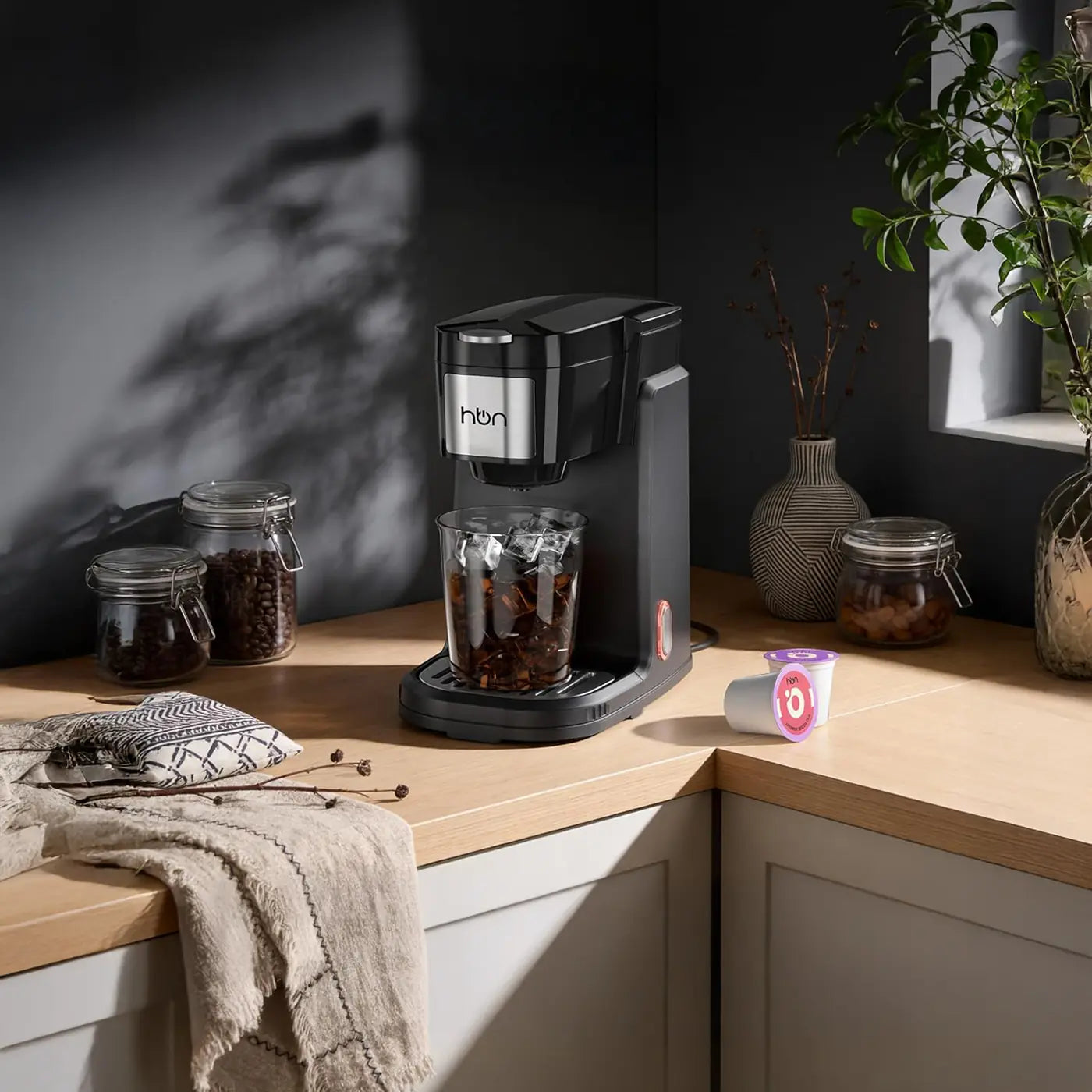 single serve coffee maker on kitchen counter modern home coffee setup