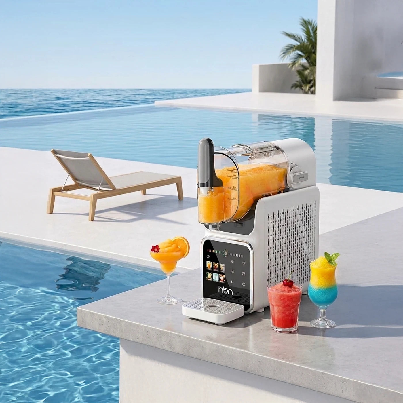 slushie machine making frozen drinks for outdoor poolside party summer setup